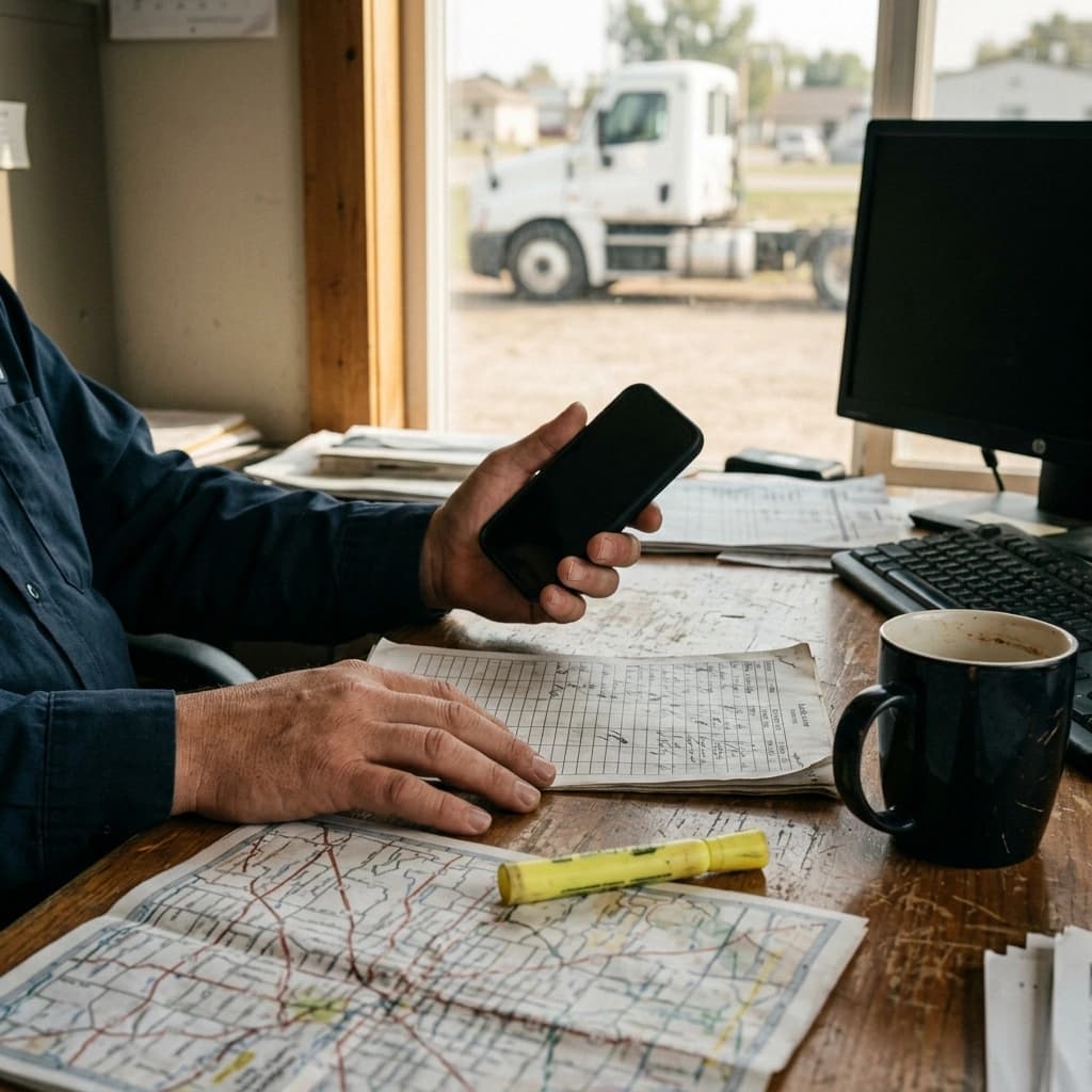 A dispatcher holding a phone over a printed load sheet and a paper map in a small trucking office