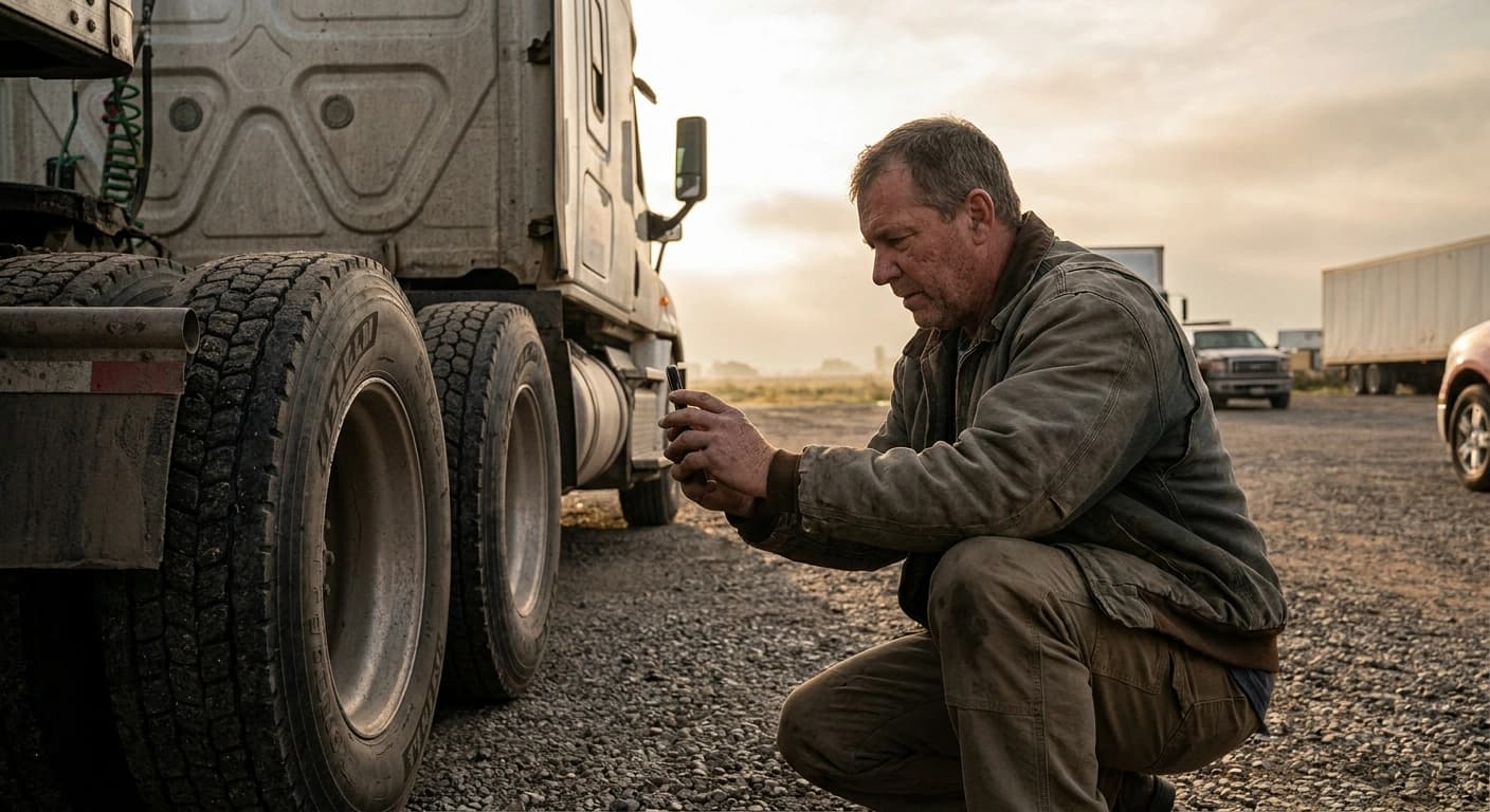 A truck driver at dawn doing a walk-around inspection of a parked semi tractor in a gravel yard