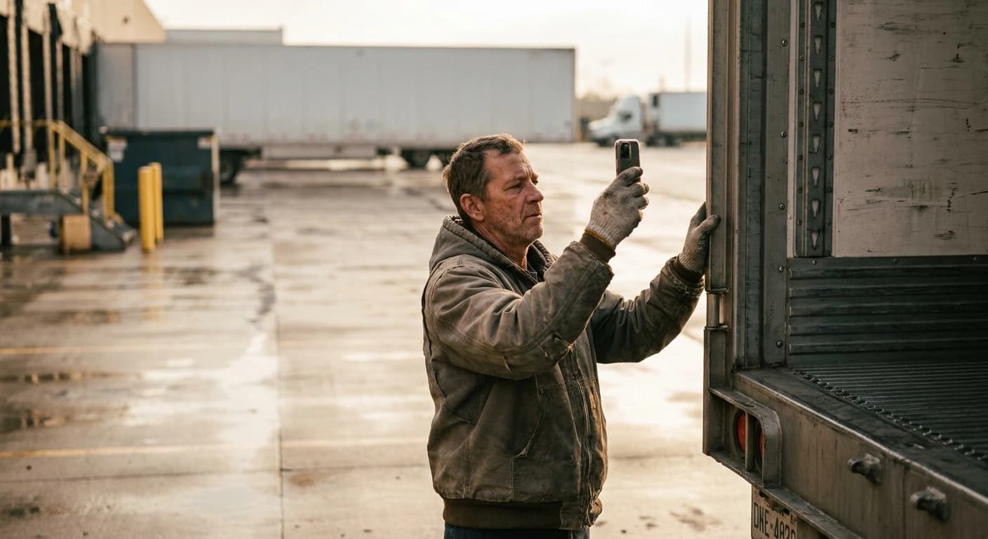 A driver photographing the open rear doors and seal of a dry van at a loading dock in early morning light