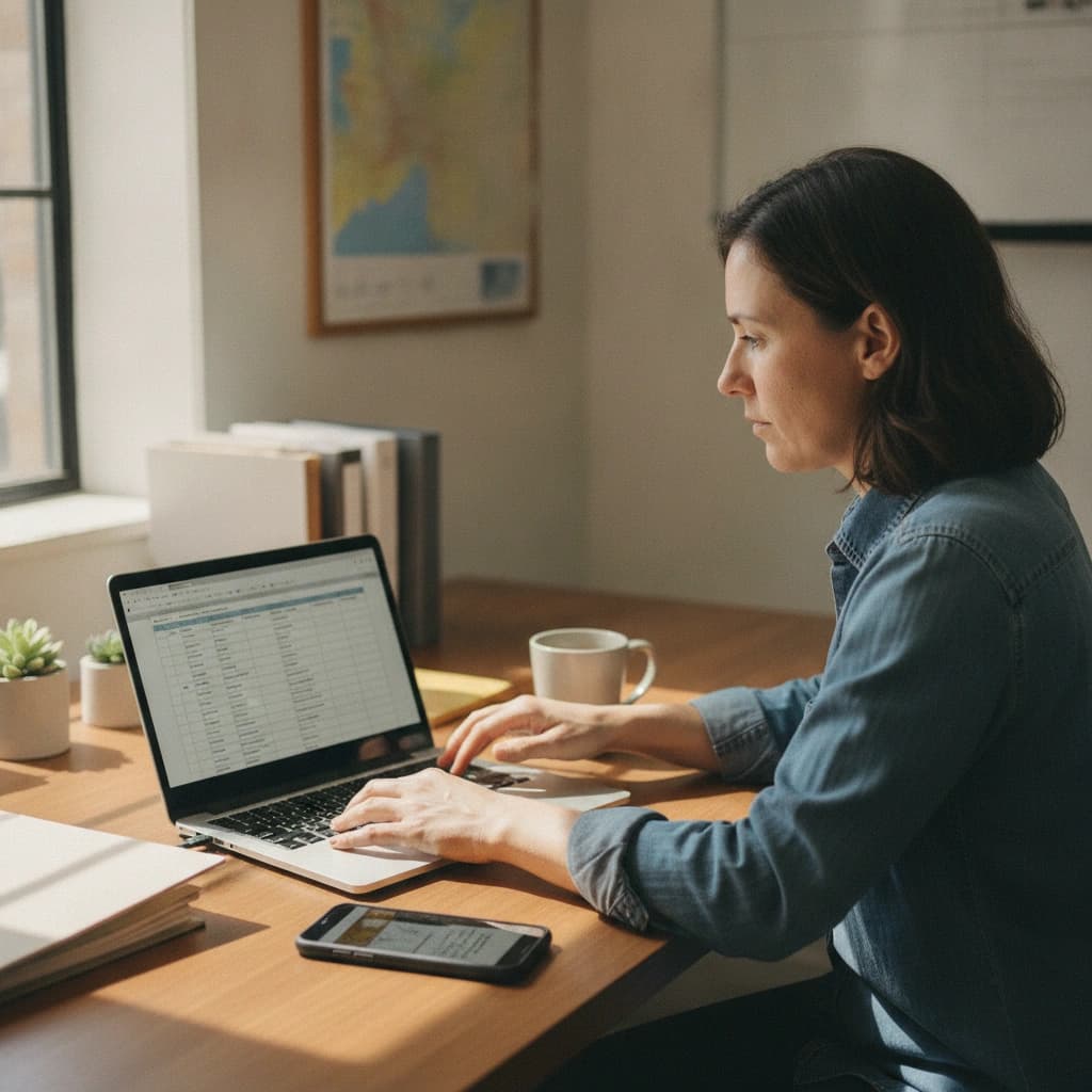 A small-fleet dispatcher at a tidy office desk with a laptop showing a load list and a phone showing a photographed bill of lading.