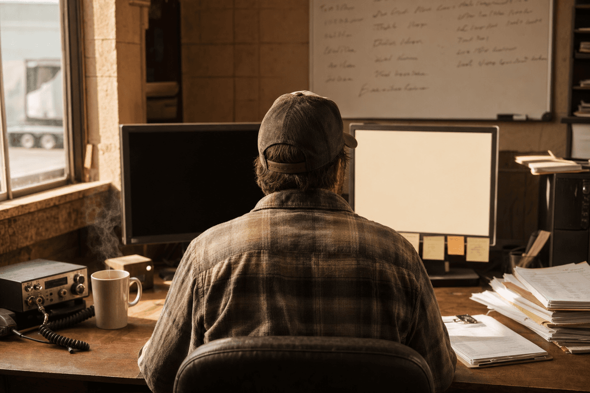 Dispatcher at a small-fleet office, two monitors, afternoon light