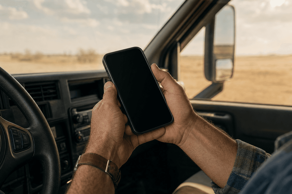 Driver's hands holding a smartphone in the cab of a truck, warm window light