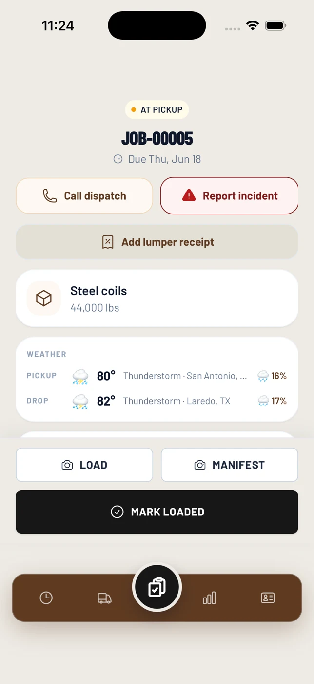 La app de conductor de Howdy Dispatch en la recogida: botones de foto de carga y manifiesto arriba de una acción Marcar como cargado