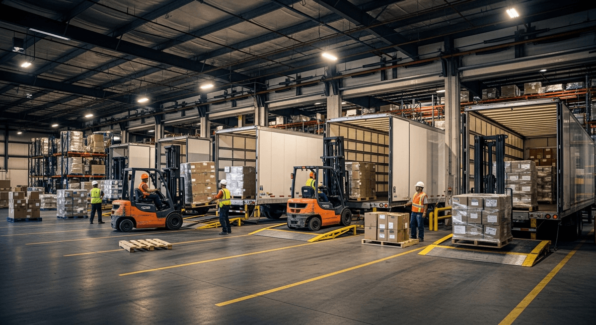 Warehouse loading dock at golden hour, pallet jack and trailer in frame
